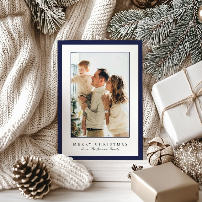 Cartão De Festividades Minimal Blue Border Photo Elegant Christmas (Criador carregado)