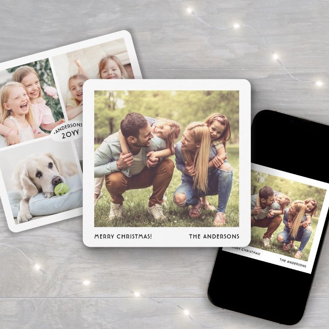 Cartão De Festividades Minimal Family Name & Year Christmas Photo Collage (Criador carregado)