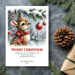 Cartão De Festividades Minimalist Baby Fawn Snowy Forest Watercolor Card