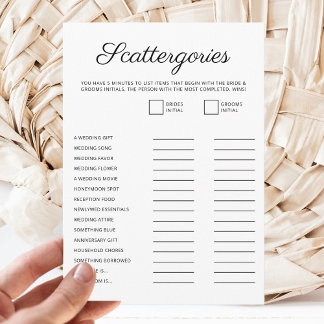 Cartão De Festividades Minimalist Bridal Shower Script Scattergories Game