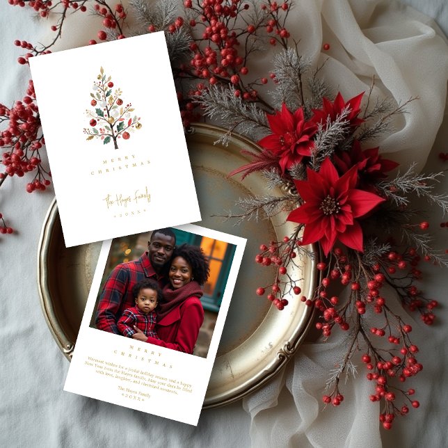 Cartão De Festividades Minimalist Chic Winter Christmas Tree (Minimalist Chic Winter Christmas Tree with Back Photo Holiday Cards in Digital Watercolor Style. )