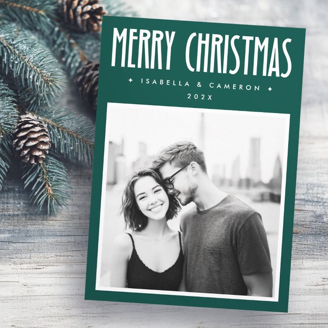 Cartão De Festividades Minimalist Merry Christmas dark green photo (Minimalist Merry Christmas dark green photo Holiday Card)