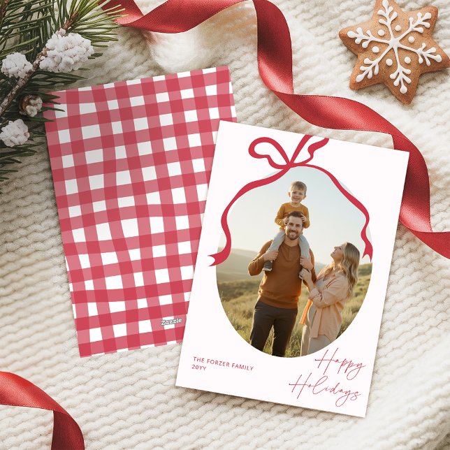 Cartão De Festividades Minimalist Red Bow Family Photo Christmas  (Criador carregado)