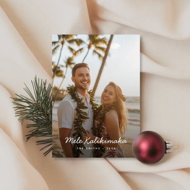 Cartão De Festividades Minimalist Script Mele Kalikimaka Beach Photo (Criador carregado)