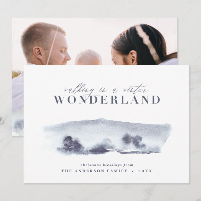 Cartão De Festividades Mínimo azul abstrato aquarela Natal 1 foto (Frente/Verso)