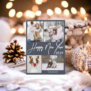 Cartão De Festividades Mínimo azul Dusty Feliz ano novo 5 fotos 2024