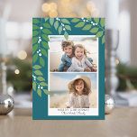 Cartão De Festividades Mínimo moderno 2 fotos - verde botânico<br><div class="desc">Um moderno cartão com fotos de Natal Feliz com folhas e bagas botânicas - verde, branco e lacre. A design moderna inclui ramos de eucalipto e bagas e serifas de sans para a parte principal do texto. Adicione 2 fotos. A saudação está em uma escrita moderna rustica. O verso inclui...</div>