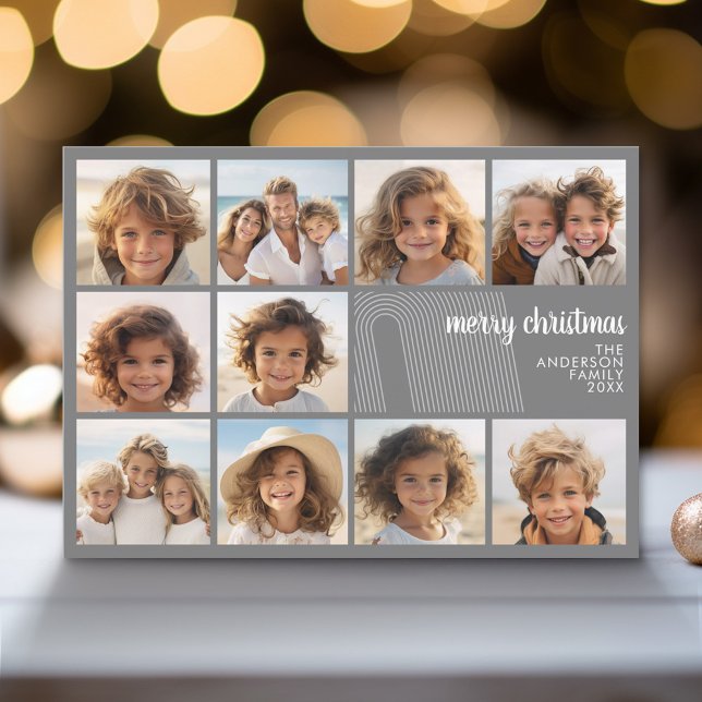 Cartão De Festividades Mínimo Simples - 10 Foto - Cinza Zen Arch Branco (Modern Holiday Greeting Card with a Family Photo)