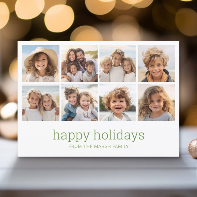 Cartão De Festividades Mínimo Simples - 8 Foto - Branco Verde Arch Zen (Modern Holiday Greeting Card with a Family Photo)