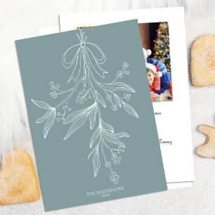 Cartão De Festividades Mistletoe Desenhado à Mão & Arco Natal Verde Poeir
