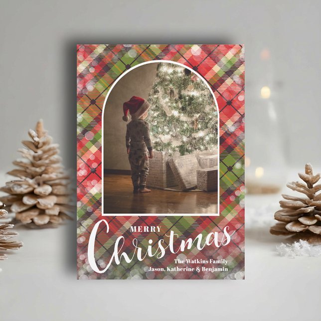 Cartão De Festividades Modern Arched Photo on Plaid (Modern arched photo on Christmas plaid holiday cards, PRINTED and/or INSTANT DOWNLOAD)