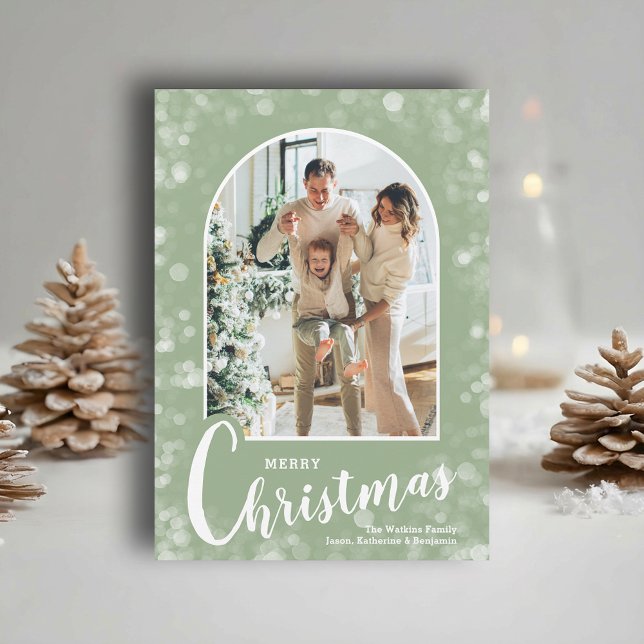 Cartão De Festividades Modern Arched Photo on Sage Green Christmas (Modern arched photo on sage green Merry Christmas holiday cards, PRINTED and/or INSTANT DOWNLOAD)