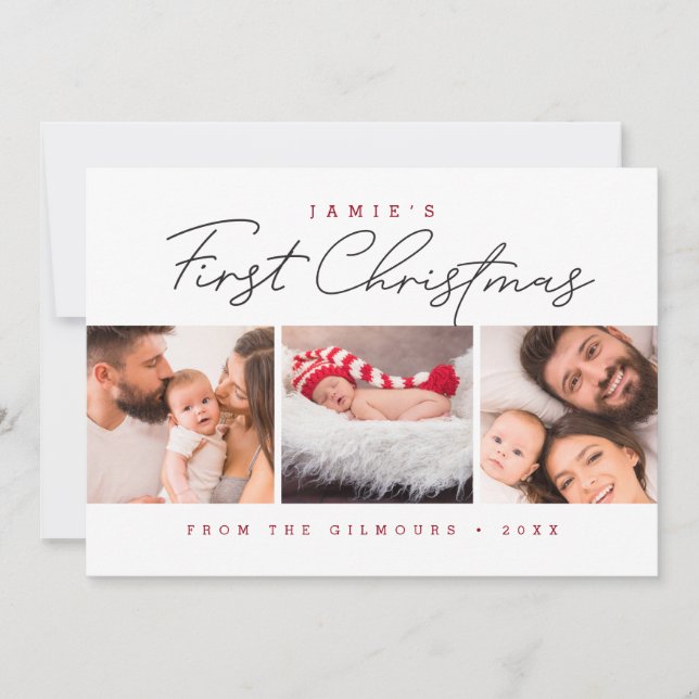 Cartão De Festividades Modern Baby’s First Christmas 3 Photos Red white (Frente)