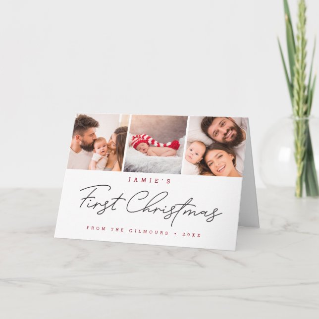 Cartão De Festividades Modern Baby's First Christmas Custom 3 Photos (Frente)