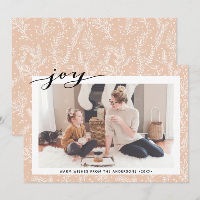 Cartão De Festividades Modern Beige Pine Boughs Script Elegante JOY Simpl (Frente/Verso)
