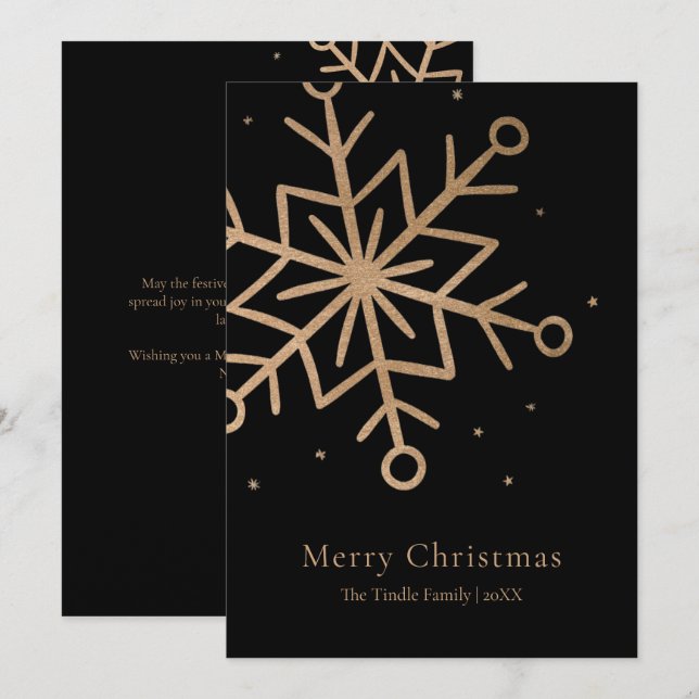 Cartão De Festividades Modern Black Gold Snow Flake Script Christmas    (Frente/Verso)