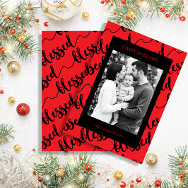 Cartão De Festividades Modern Black & Red “Blessed” Script Photo