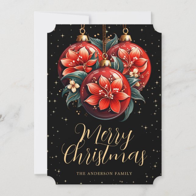 Cartão De Festividades Modern Black Red Floral Ornaments Christmas Card (Frente)