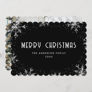 Cartão De Festividades Modern Black Silver Snowflake Photo Christmas Card