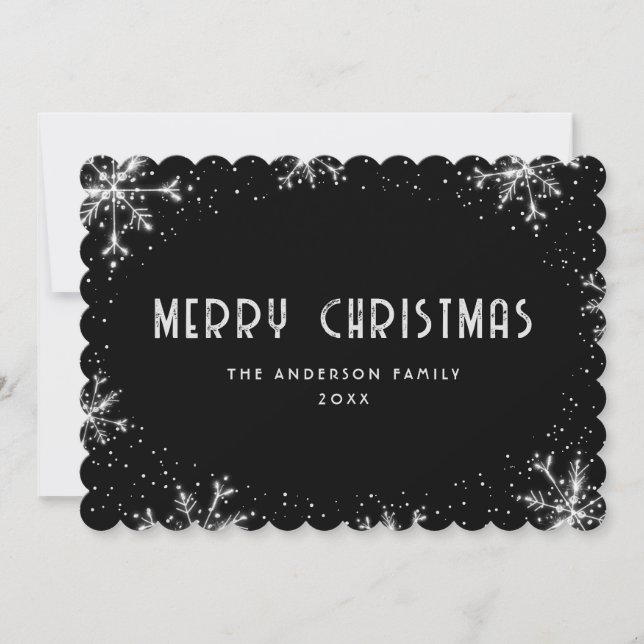 Cartão De Festividades Modern Black Silver Snowflake Snow Christmas Card (Frente)