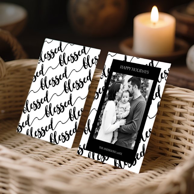 Cartão De Festividades Modern Black & White “Blessed” Script Photo (Modern Black & White “Blessed” Script Photo Holiday Card)