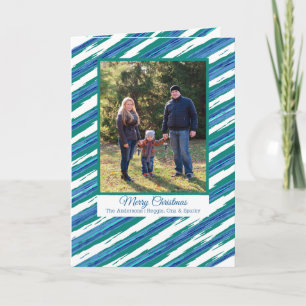 Cartão De Festividades Modern Blue Stripes YOUR Photo Folded Holiday Card
