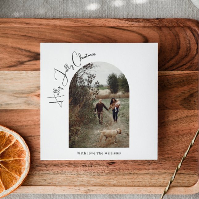 Cartão De Festividades Modern Boho Arch Holly Jolly Natal Uma Foto (Criador carregado)