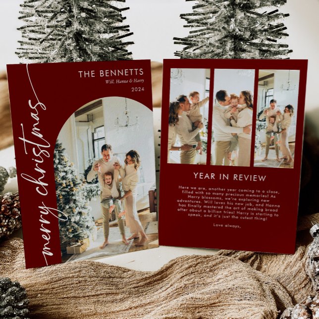 Cartão De Festividades Modern Boho Red Year In Review Photo De Natal (Criador carregado)