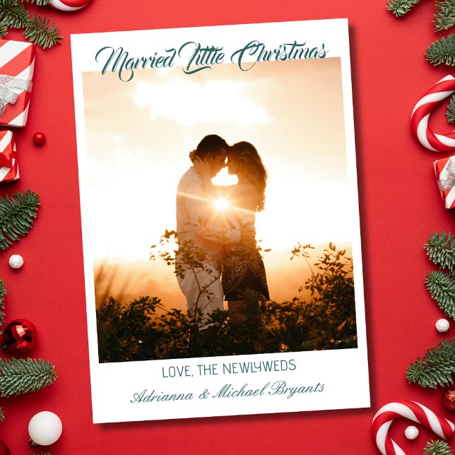 Cartão De Festividades Modern Calligraphy Teal Married Little Christmas (Criador carregado)