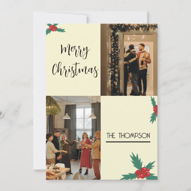 Cartão De Festividades Modern Chic Holly Berries Feliz Natal 2 Foto (Frente)