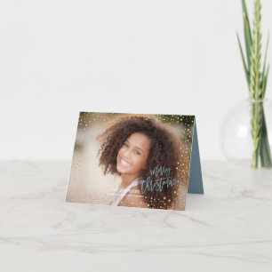 Cartão De Festividades Modern Christmas Gold & Grey blue Dots Lettering