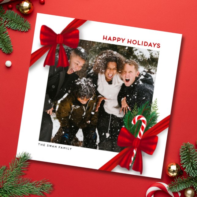 Cartão De Festividades Modern Christmas Photo Card with Red Bows (Season Greetings Photo Card with big red bows, candy cane, greenery - Merry Christmas Happy Holidays)