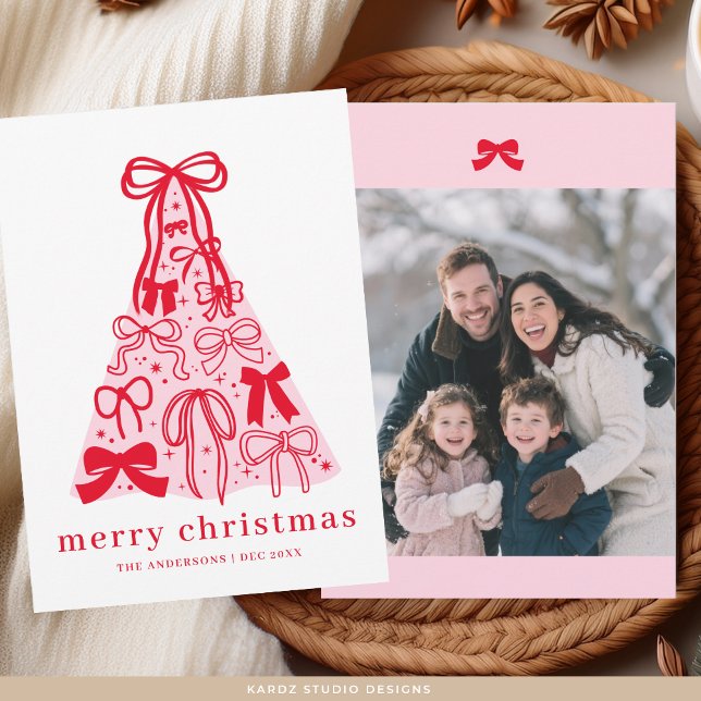 Cartão De Festividades Modern Family Photo Merry Pink Red Bow (Front and back of card is shown in 5x7 inches. Square corners, choose corner and paper style.)