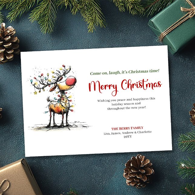 Cartão De Festividades Modern Funny Reindeer Christmas Greeting Card (Modern Funny Reindeer Christmas Greeting Card)