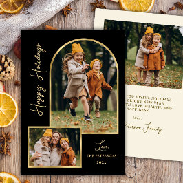 Cartão De Festividades Modern Gold Arch 3 Photo Black Happy Holiday Card