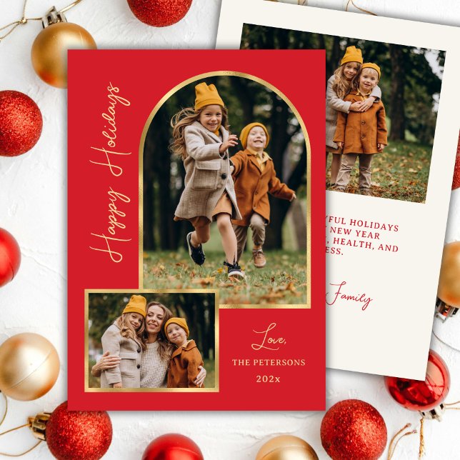 Cartão De Festividades Modern Gold Arch 3 Photo Red Happy Holiday Card (Criador carregado)