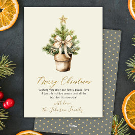 Cartão De Festividades Modern Gold Bow Neutral Watercolor Christmas Tree