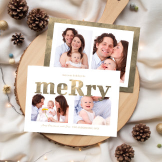 Cartão De Festividades Modern Gold “Merry” Typography Photo Family
