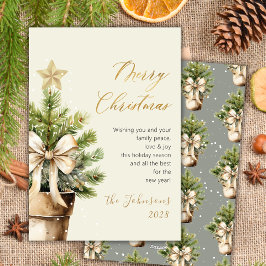 Cartão De Festividades Modern Gold Script Bow Watercolor Christmas Tree
