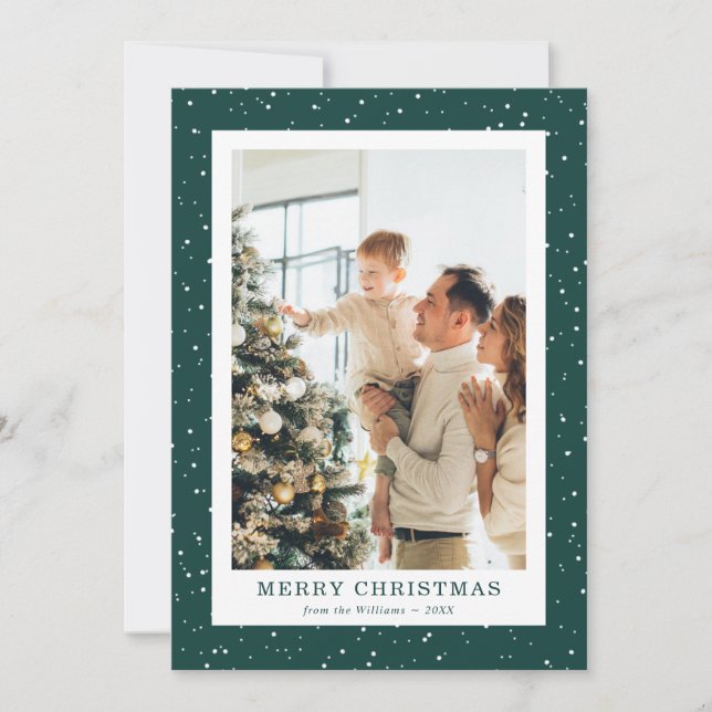 Cartão De Festividades Modern Green Snow Photo Christmas Card (Frente)