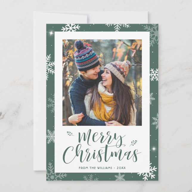 Cartão De Festividades Modern Green Snowflake Photo Christmas Card (Frente)
