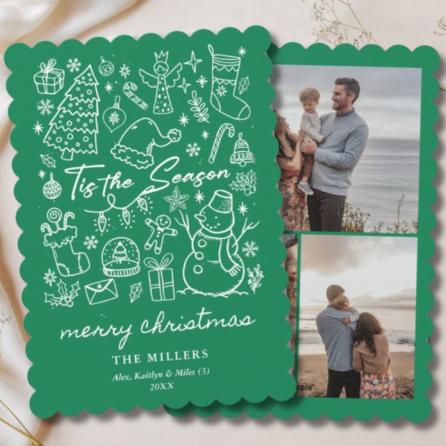 Cartão De Festividades Modern Green Tis the Season Christmas Doodle (Modern Green Tis the Season Christmas Doodle Holiday Card
)
