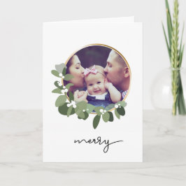 Cartão De Festividades Modern Greenery Wreath Foto Feliz Natal