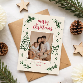 Cartão De Festividades Modern Hand Drawn Botanical Family Photo Christmas