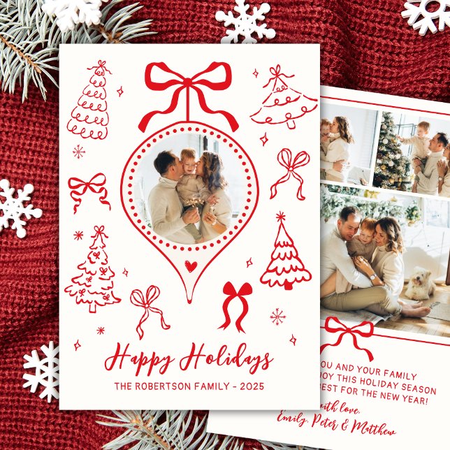 Cartão De Festividades Modern Hand-Drawn Red Bows Photo Christmas Happy (Criador carregado)