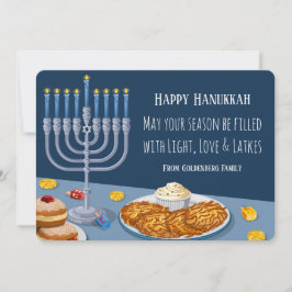 Cartão De Festividades Modern Hanukkah Card: Light, Love & Latkes Menorah