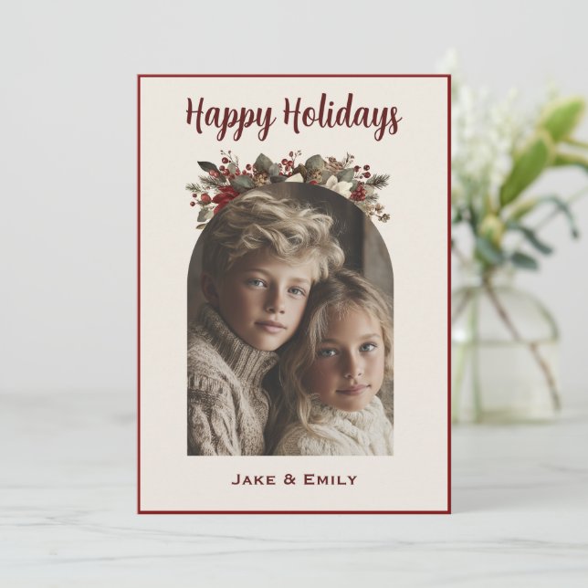 Cartão De Festividades Modern Happy Holidays Family Photo Card  (Em pé/Frente)