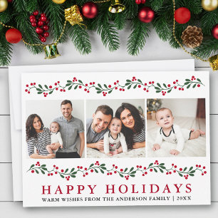 Cartão De Festividades Modern Happy Holidays Greenery Berries 3 Foto