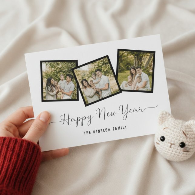 Cartão De Festividades Modern Happy New Year Photo Collage Card | Elegant (Criador carregado)