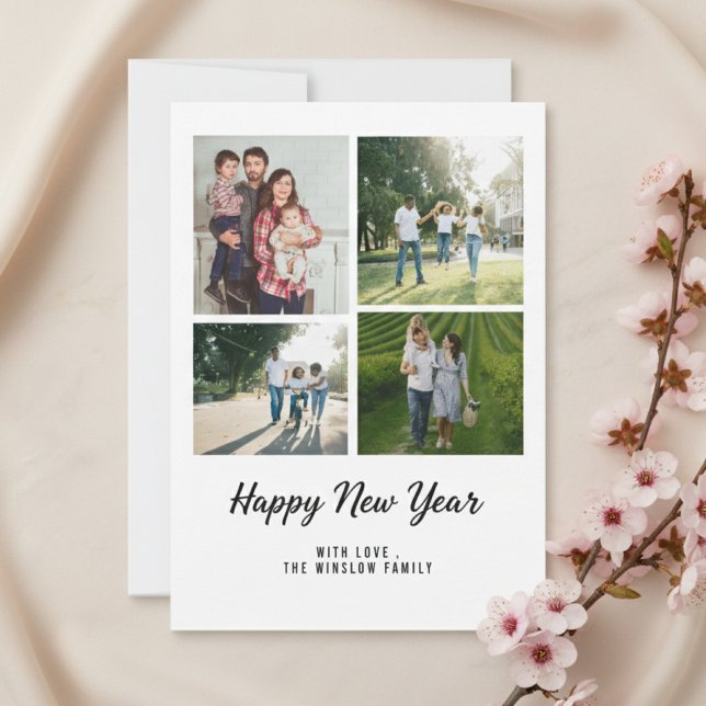 Cartão De Festividades Modern Happy New Year Photo Collage Card | Elegant (Criador carregado)